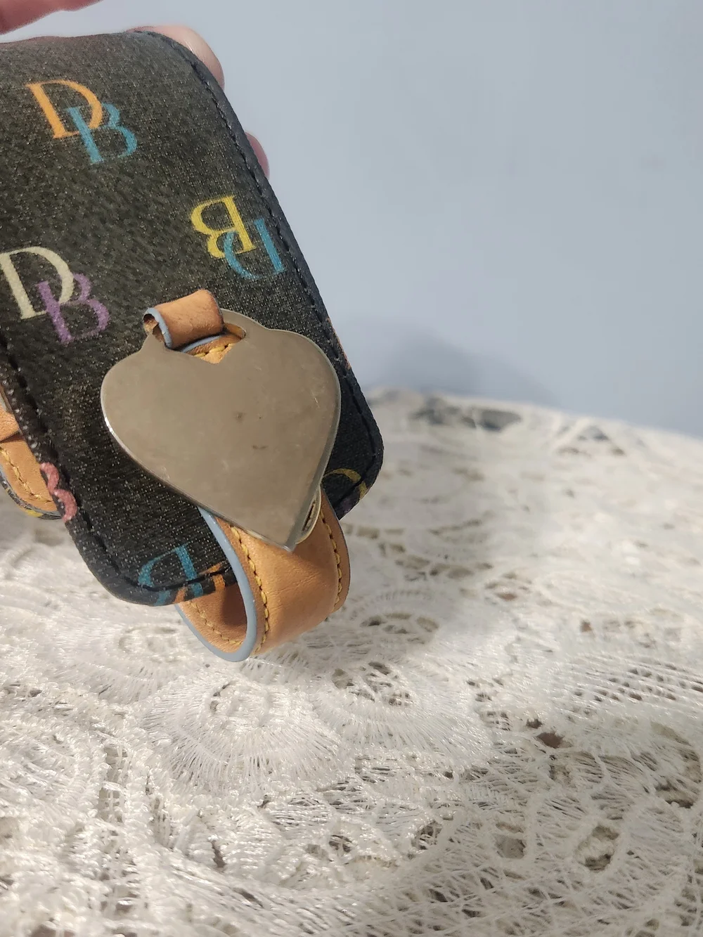 Y2K Dooney & Bourke Heart Charm Tag Hand Sanitizer Holder. Black Tan. Monogram